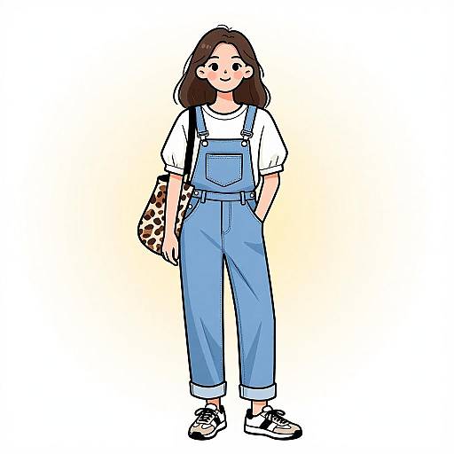 Digital illustration of a cute young woman with long brown hair, wearing blue overalls, white shirt, and black sneakers, holding a leopard-print bag,
