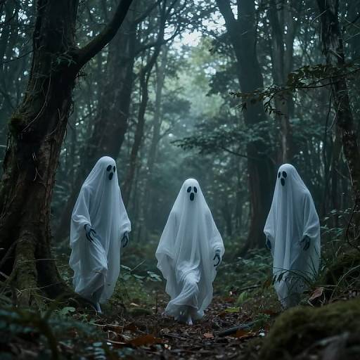Photograph of three ghostly figures in white sheets with black masks, walking through a dark, misty forest with tall trees.