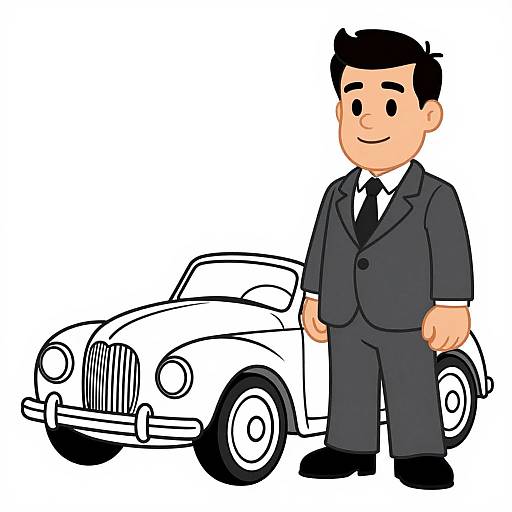 Cartoon-style drawing of a smiling man in a black suit and tie standing next to a classic black-and-white car.