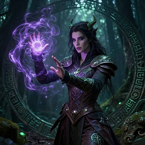 Digital fantasy artwork of a dark-haired, horned woman in ornate armor, conjuring purple magical fire in a mystical forest.