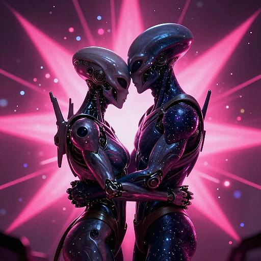 Cosmic Alien Embracing Cyborg