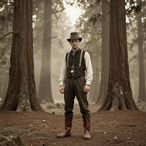 Photograph of a Caucasian man in vintage clothing, including a hat, vest, white shirt, and brown boots, standing in a misty forest with