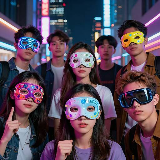 Photograph of six young Asian individuals wearing colorful neon VR masks in a brightly lit, neon-lit urban street at night.