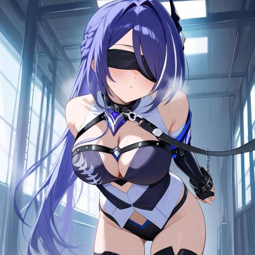 Anime Woman with Purple Hair in Futuristic Room