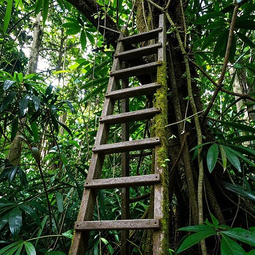 Photograph of a rustic wooden ladder climbing a moss-covered tree in a dense, lush green jungle with sunlight filtering through leaves.