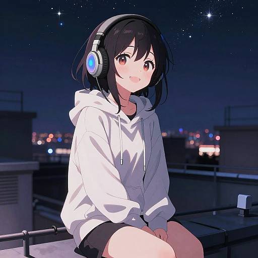 Playful Anime Girl on Rooftop Night