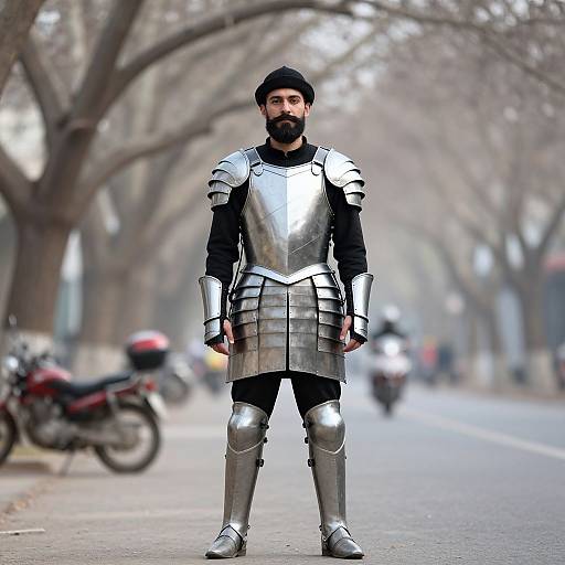 Photograph of a bearded man with dark hair, wearing full silver medieval armor, standing on a blurred urban street with motorcycles and trees.
