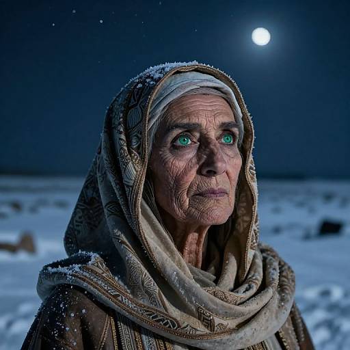 Photograph of an elderly woman with snow-covered headscarf, green eyes, and wrinkled face, standing in a snowy night landscape under a full
