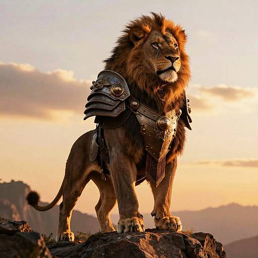 Photorealistic CGI of a majestic lion with a thick mane, wearing medieval-style metal armor, standing on a rocky cliff at sunset.