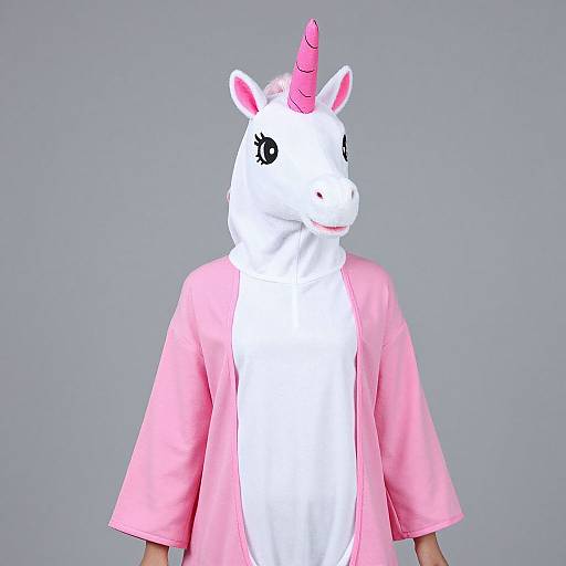 Photograph of a person wearing a white unicorn costume with a pink horn and pink open shirt, against a plain gray background.