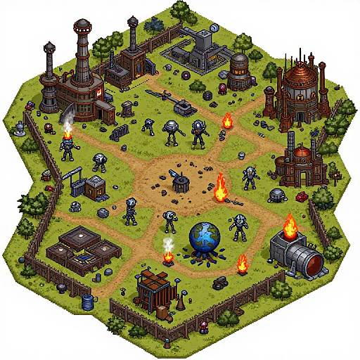 Isometric digital drawing of a medieval village with burning torches, small humanoid figures, towers, and a central globe on a grassy plot.