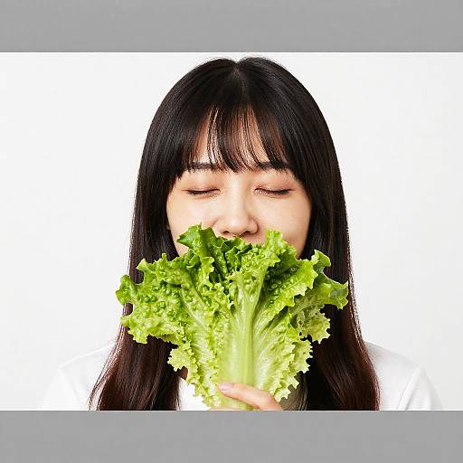 Photograph of a young Asian woman with long black hair, eyes closed, eating fresh green leaf lettuce against a white background.