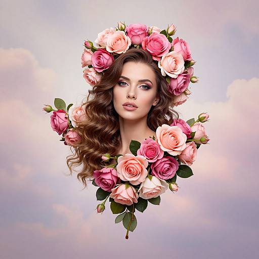 Photograph of a beautiful woman with long, wavy brown hair, wearing a crown of pink and white roses, against a soft, cloudy sky background