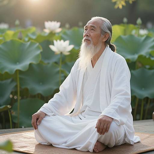 Photograph of an elderly Asian man with white beard and long hair, wearing a white robe, meditating in a sunlit lotus pond.