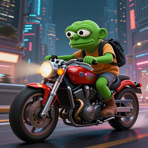 Cyberpunk Pepe on Futuristic Motorcycle