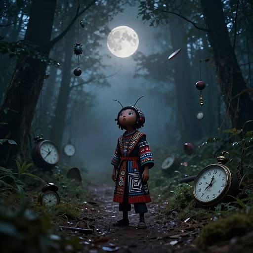 Photograph of a small doll in traditional clothing, standing in a foggy forest at night, surrounded by floating clocks and hanging pendulums, with