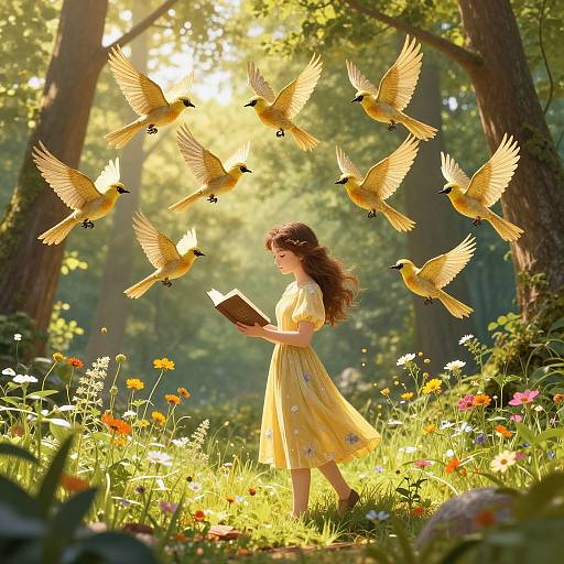 Photograph of a brunette woman in a yellow floral dress reading a book amidst sunlit forest, surrounded by flying yellow birds.