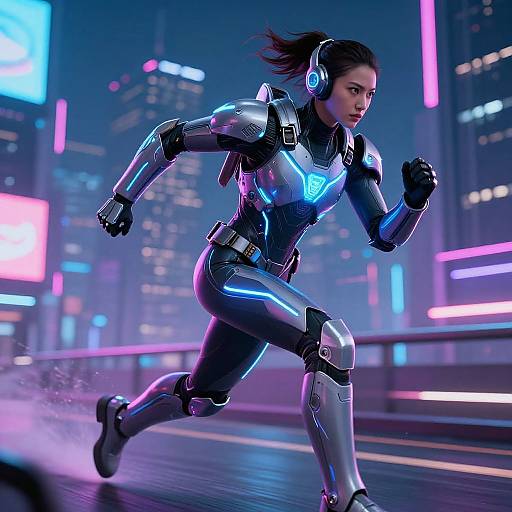 CGI image of a futuristic, athletic woman in a sleek, blue and silver armored suit running through a neon-lit city at night.