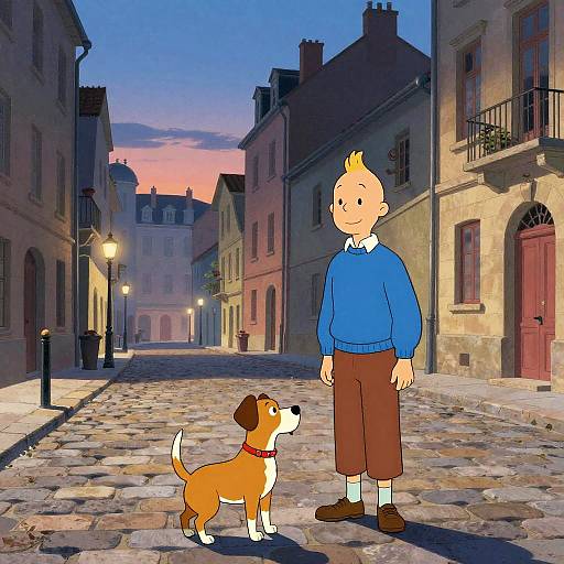 Digital cartoon of a bald boy in a blue sweater and brown pants standing on a cobblestone street at dusk with a brown and white dog wearing a