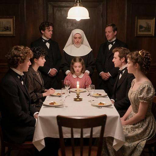 Victorian Candlelit Dinner with Red-Checked Girl