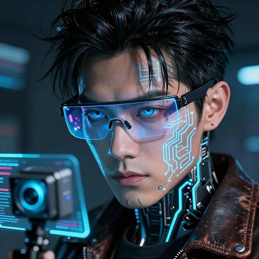 Cyberpunk portrait of an Asian man with black hair, glowing blue circuit patterns on face, wearing high-tech goggles and leather jacket, holding a camera