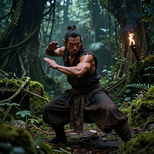 Photograph of a muscular, dark-haired elf warrior with pointed ears, crouching in a dense, mossy forest, wearing dark clothing, and