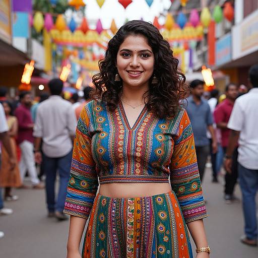 Photograph of a smiling South Asian woman with curly hair, wearing a colorful, patterned crop top and skirt, standing in a busy, festive street