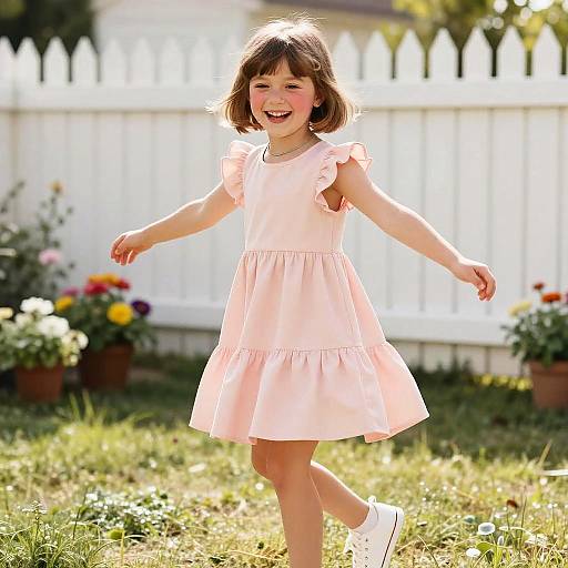 Photograph of a smiling young girl in a pink dress and white shoes, joyfully walking on sunny grass with a white picket fence and colorful flowers