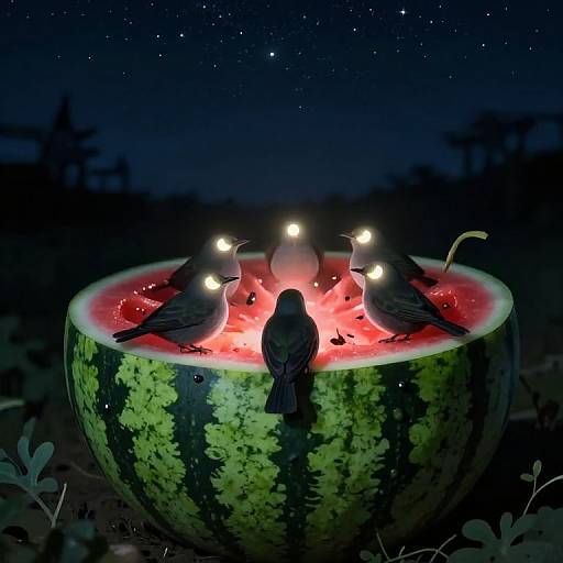 Night Birds with Moon Eyes in Watermelons