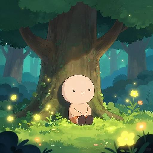 Cartoon character with white face and brown boots sits under a large tree in a glowing, enchanted forest with fireflies.