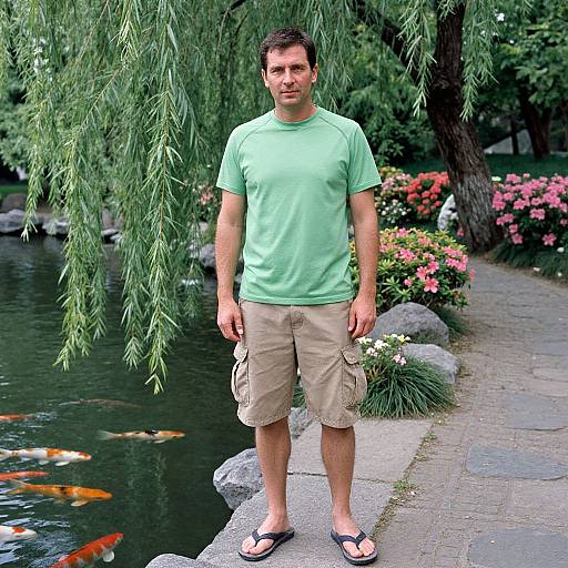 Photograph of a young man with short dark hair, wearing a light green t-shirt, beige cargo shorts, and black flip-flops, standing on
