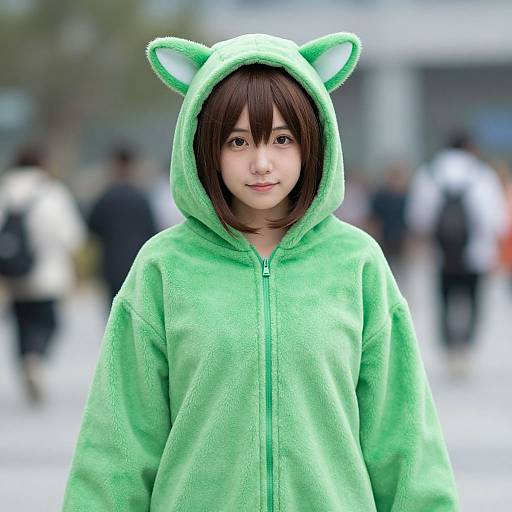 Photograph of an Asian girl with shoulder-length brown hair wearing a green, fuzzy cat-ear hooded jacket, standing outdoors in a blurred, busy