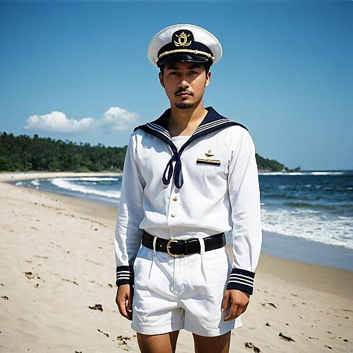 Asian Sailor in White Uniform on Beach