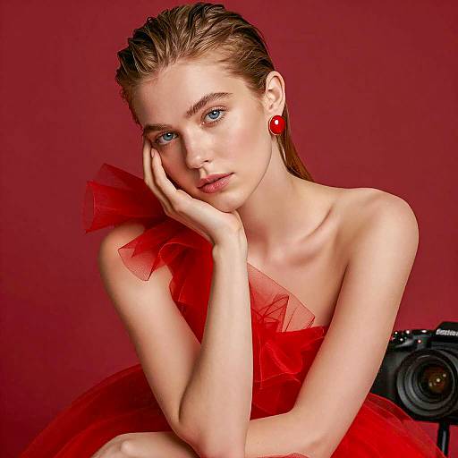 Elegant Woman in Red Tulle Dress