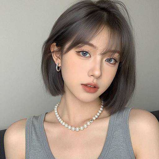 Photograph of an East Asian woman with short black hair, blue eyes, light skin, wearing a gray tank top, white pearl necklace, and small