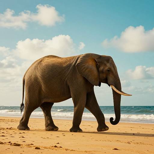 Photograph of a large, gray African elephant walking on a sandy beach with a bright blue sky and white clouds in the background.