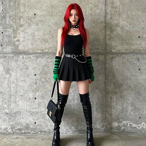 Photograph of a red-haired woman in a black sleeveless top, green striped gloves, black skirt, belt, thigh-high boots, and black hand