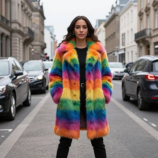 Photograph of a woman with long dark hair, wearing a vibrant rainbow-colored furry coat, black top, and black pants, standing on a busy urban