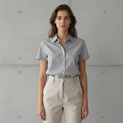 Woman in Short Sleeve Formal Shirt and Beige Pants