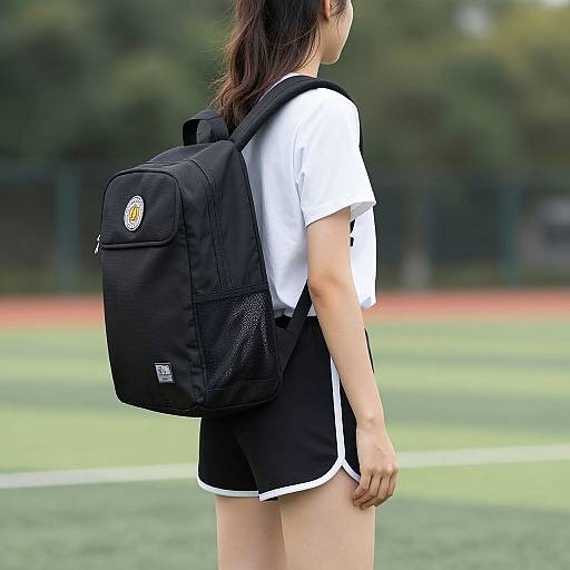 Photograph of an Asian woman with long brown hair, wearing a white t-shirt, black sports shorts, and a black backpack, standing on a green