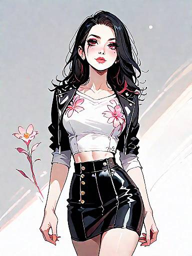 Stylish Woman in Black Leather Jacket and Floral Crop Top