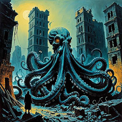 Surreal Giant Octopus Among City Ruins