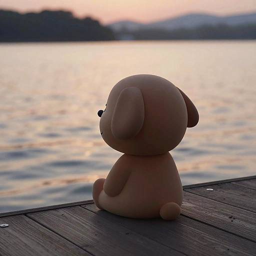 Photograph of a small, brown, plush dog toy sitting on a wooden dock, gazing at a serene, sunset-lit lake.