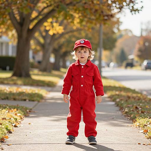 Photograph of a curious toddler with curly blonde hair, wearing a red jumpsuit and matching cap, standing on a sunlit suburban street lined with autumn