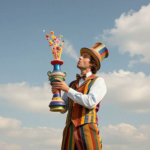Colorful circus performer in striped vest and hat, holding vibrant decorated vase with balloons, against bright blue sky with clouds.