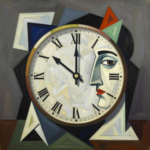 Abstract art painting of a clock with a female face, red lips, black hair, and geometric shapes in blue, green, and red.
