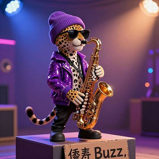 CGI anthropomorphic cheetah with purple sequin jacket, sunglasses, and beanie, playing golden saxophone on stage, labeled 