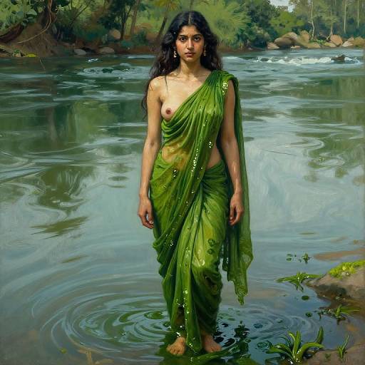 Digital painting of a serene, dark-haired woman in a green saree, partially wet, standing in a tranquil forest river. Her right breast is exposed