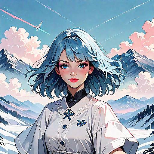 Anime Girl with Blue Hair in Mountainous Landscape