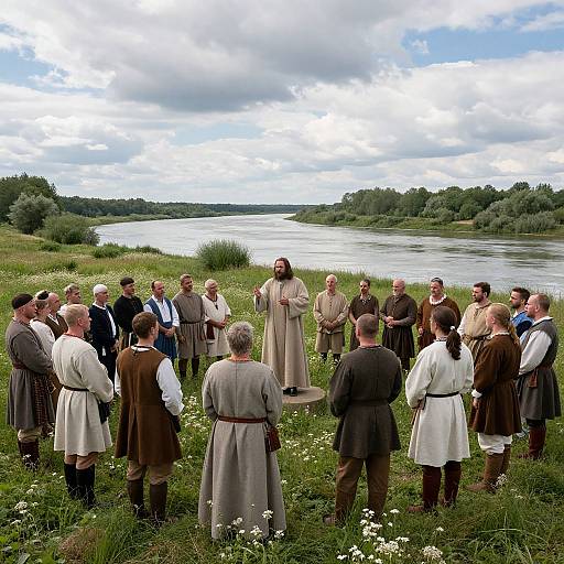 Photograph: Medieval-style group standing in grassy field by river, wearing tunics and cloaks, listening to central figure speaking under cloudy sky.